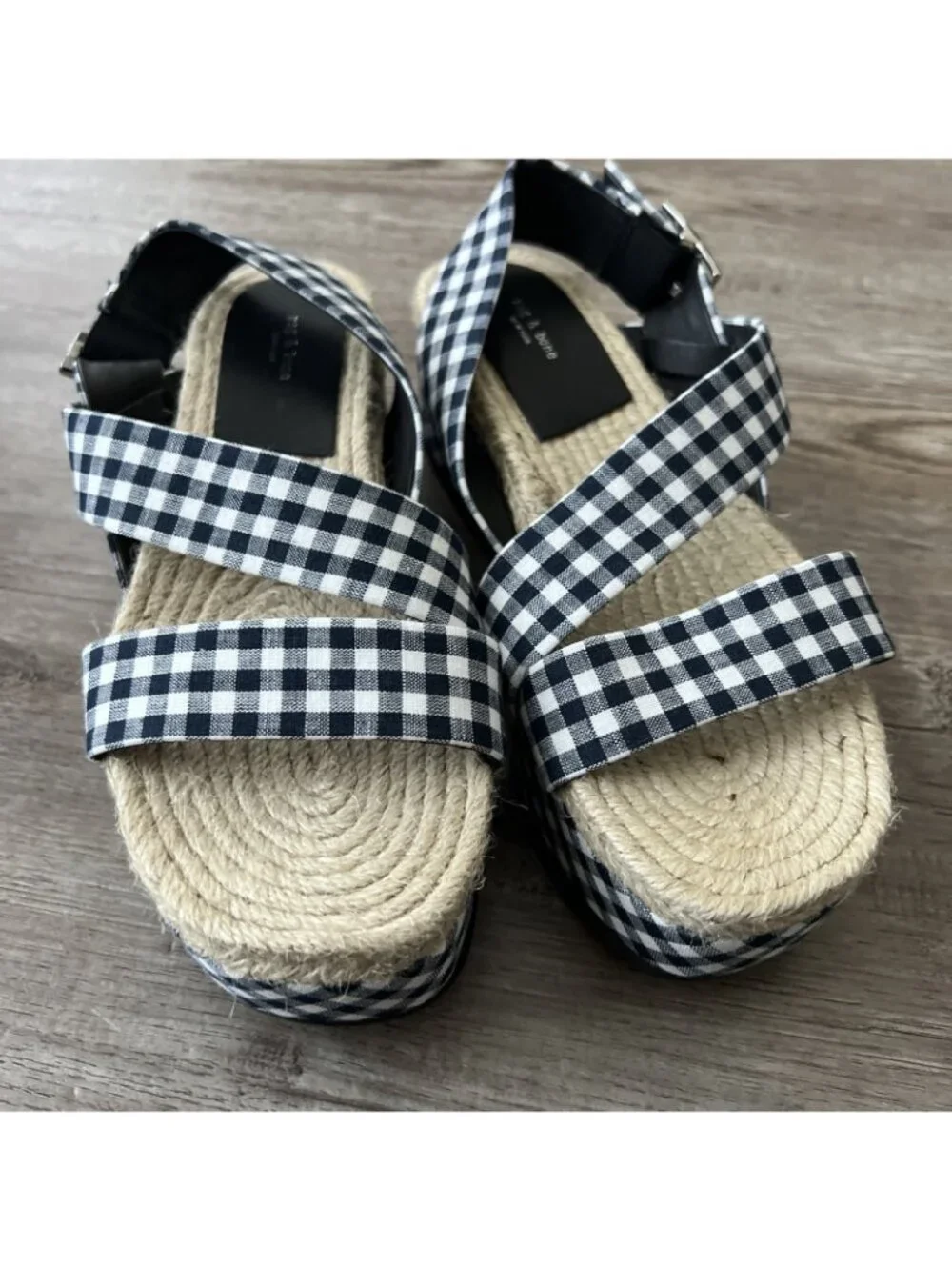 Rag‎ & Bone Megan Gingham Canvas Platform Sandal Navy White Womens 7 EU 37 New